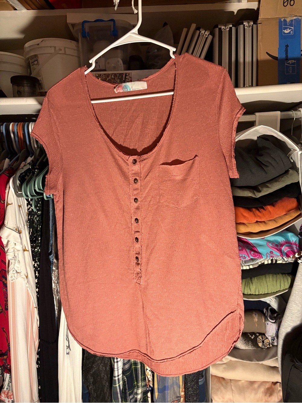 Free People Beach Short Sleeve Henley Tee with Chest Pocket - Dusty Rose